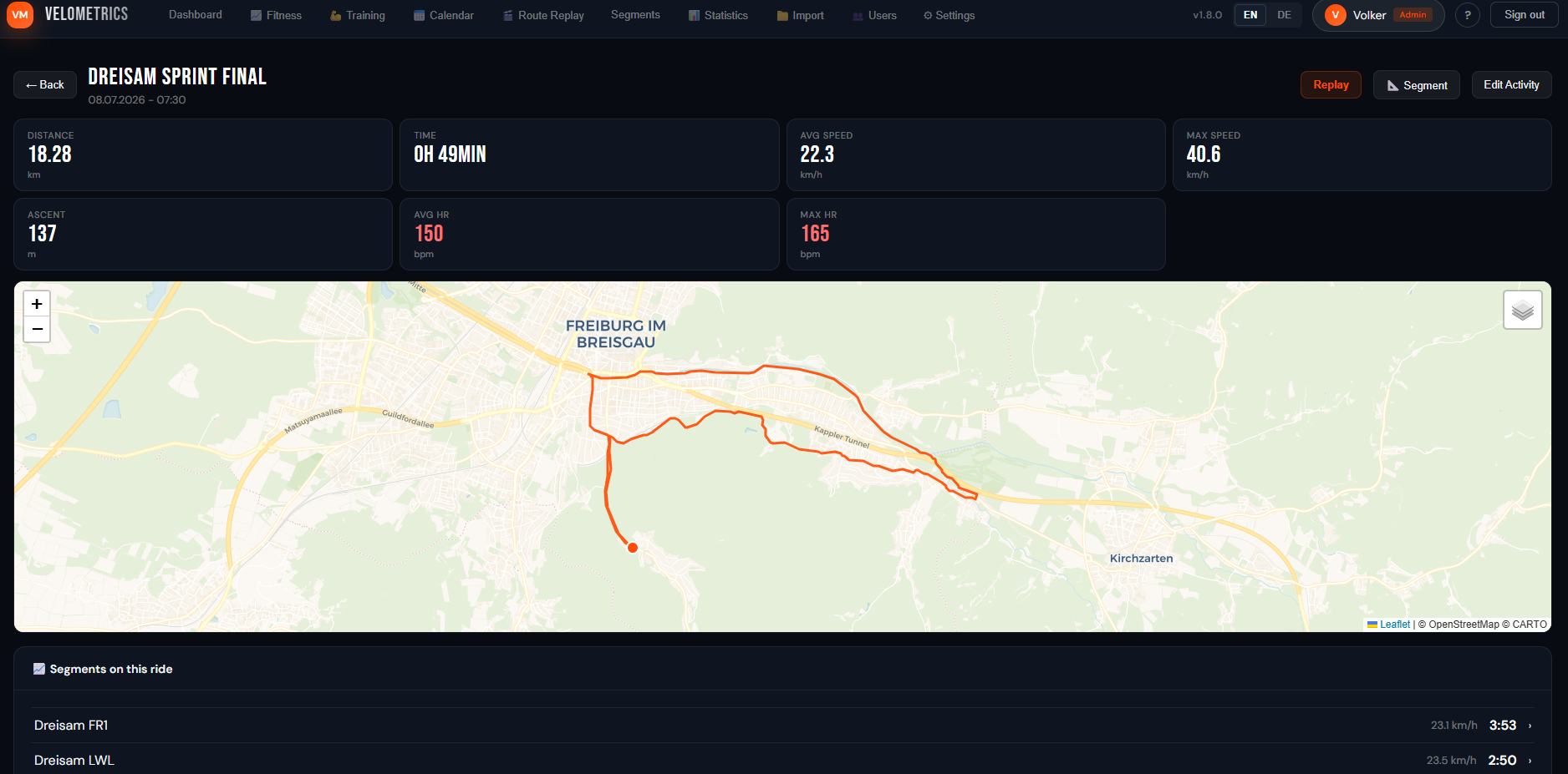 VeloMetrics Tour-Detail mit Karte, Statistiken und Segmenten