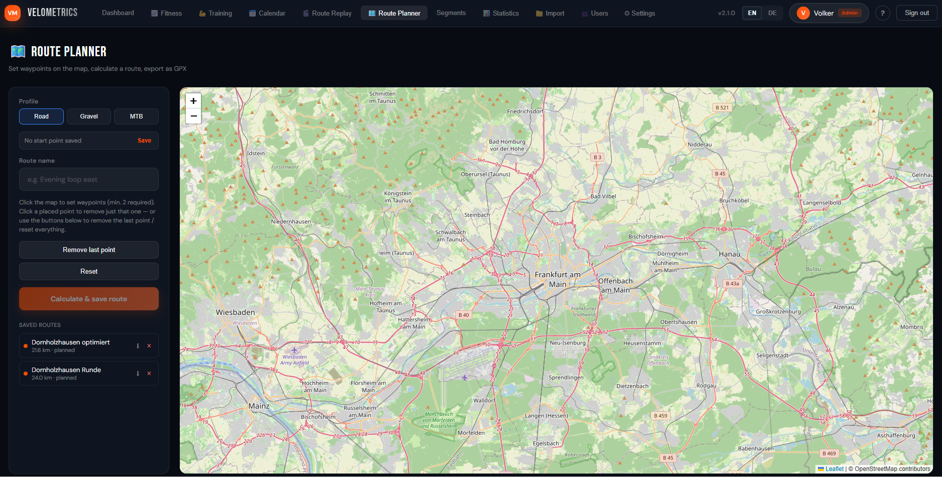 VeloMetrics Routenplaner: Wegpunkte auf der Karte setzen, Route berechnen und als GPX exportieren